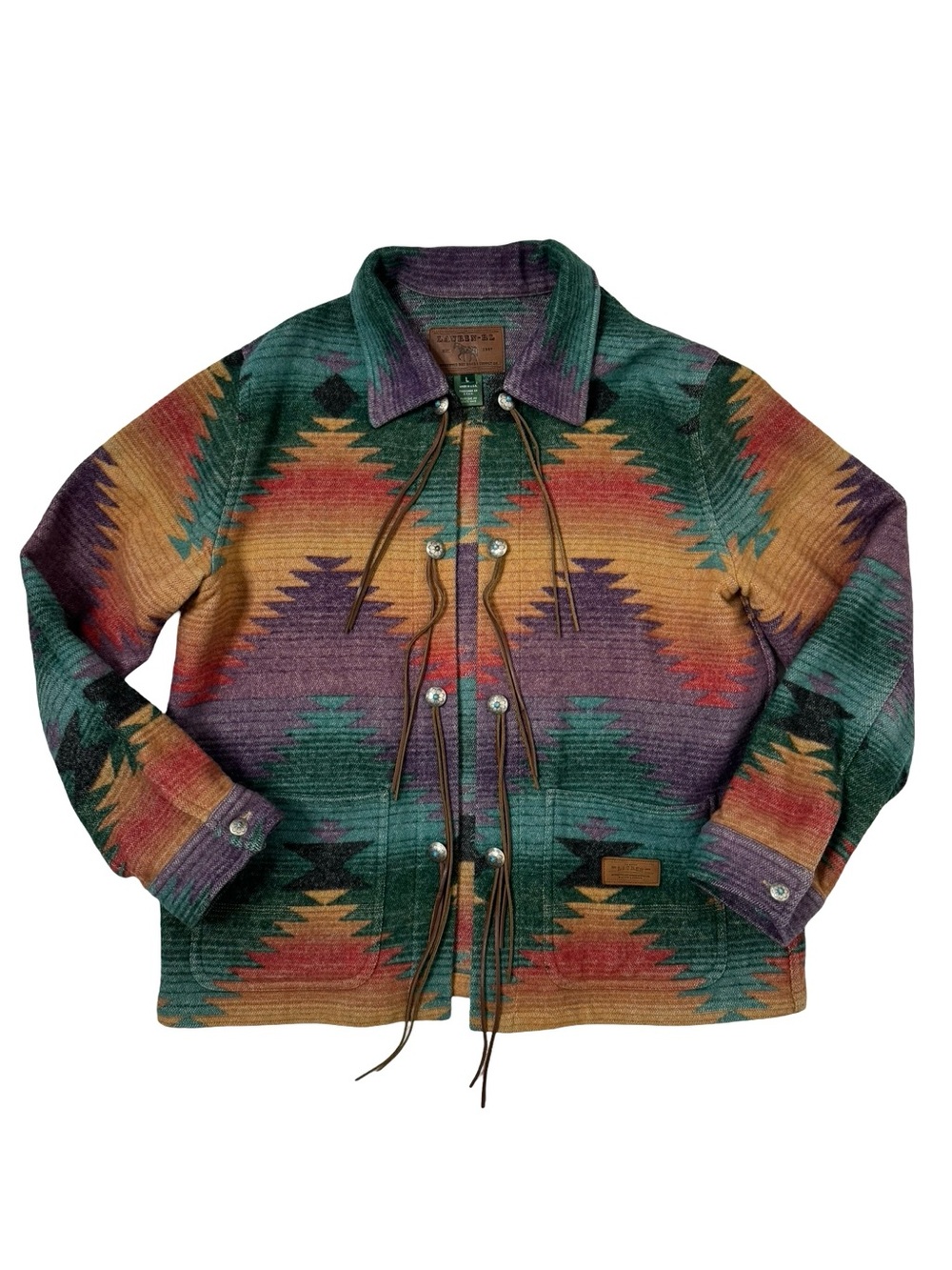 Vintage | Lauren Ralph Lauren 90s Southwestern Sunset Leather Tie Front Jacket L
